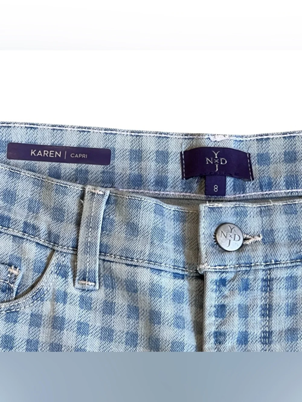 NYDJ Women’s Sz 8 Blue Gingham High Rise Karen Capri Denim Jeans Stretch - Picture 7 of 16
